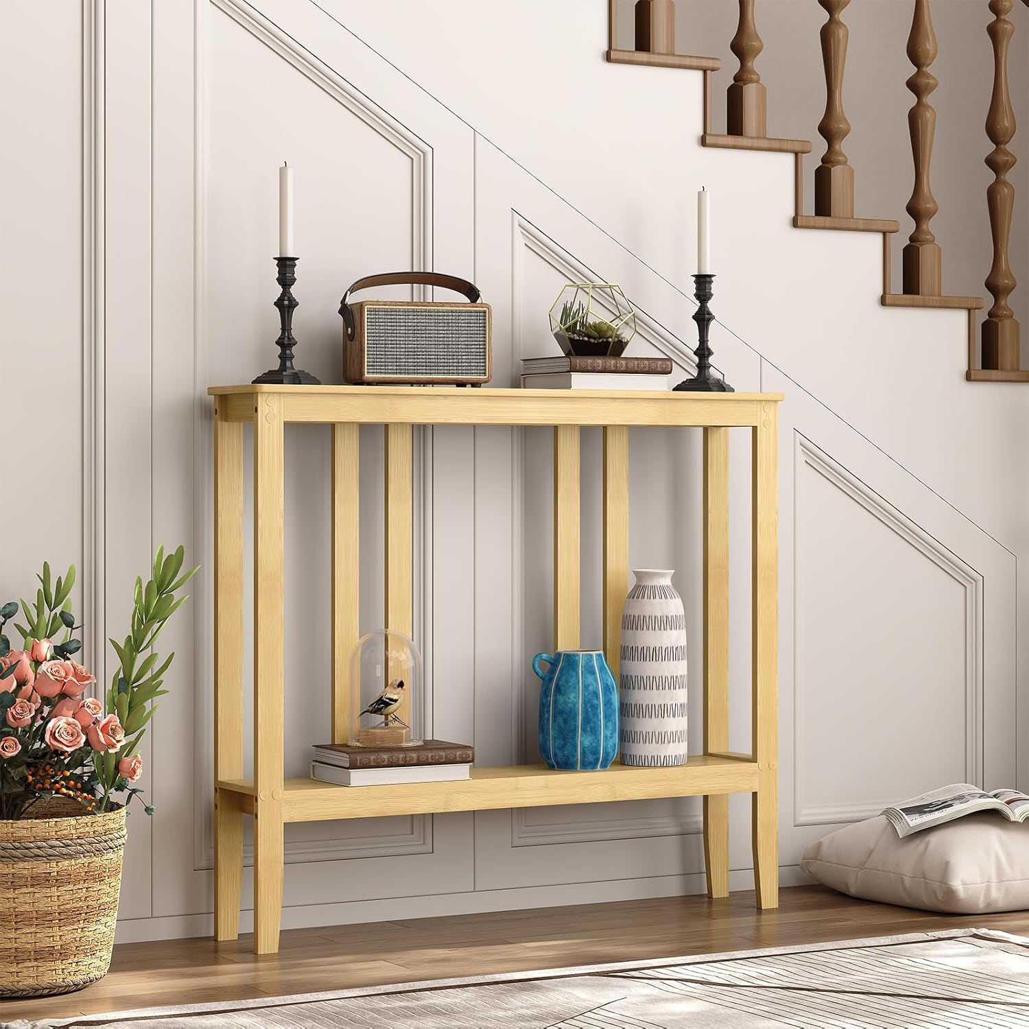 ELYKEN Bamboo 2-Tier Narrow Console Table, 36.2" Long Slim Sofa Table Behind Couch for Entryway, Hallway, Living Room, Natural
