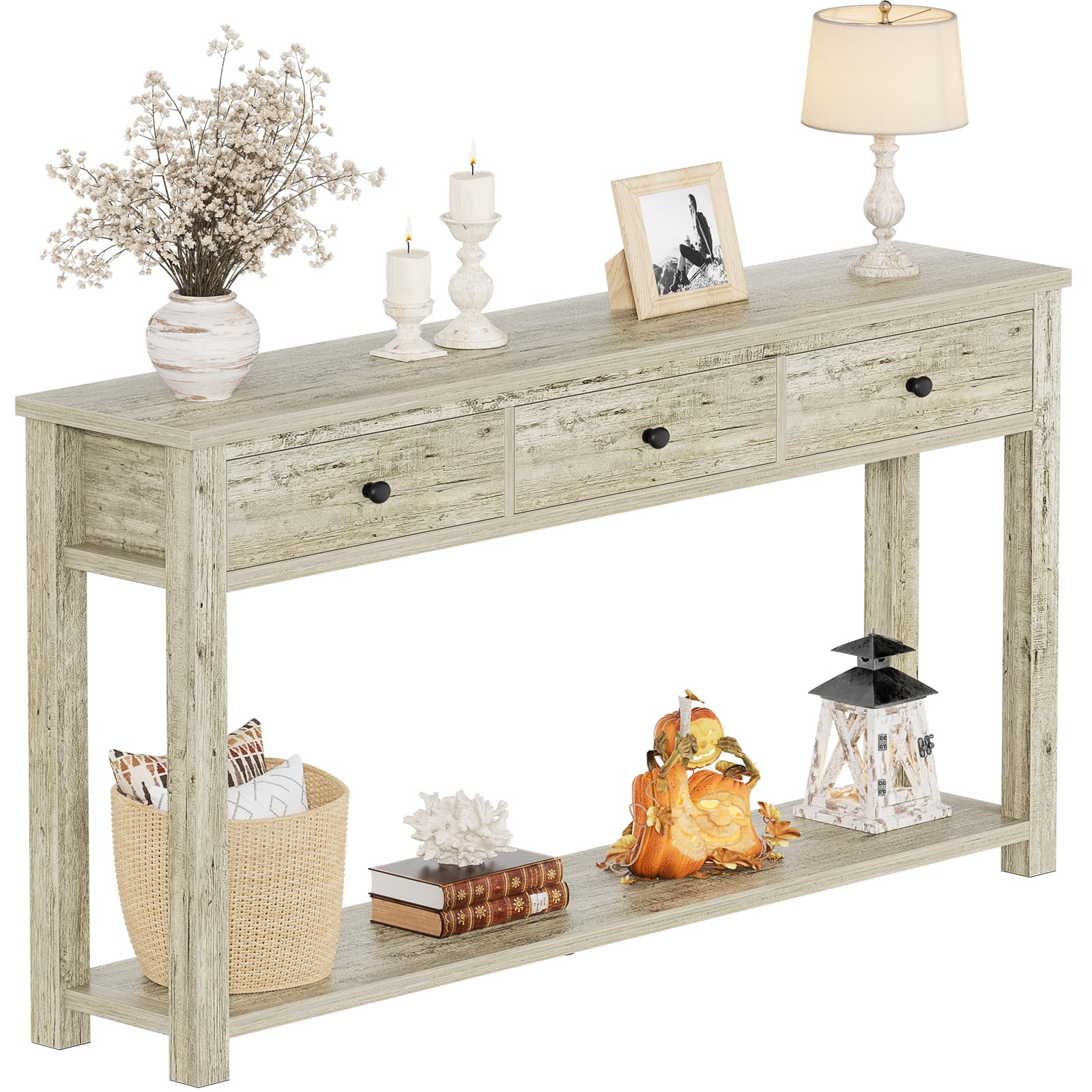 Homieasy Farmhouse Console Table with 2 Drawers, 32 Inch Small Sofa Table with Storage Shelf for Living Room, Behind Couch, Entryway Table for Hallway, Living Room, or Foyer, Brown and Antique White