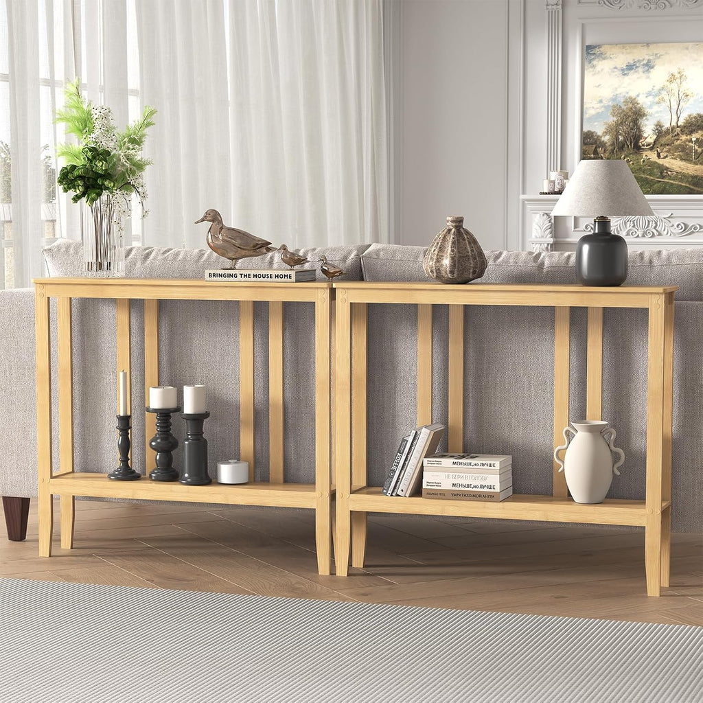 ELYKEN Bamboo 2-Tier Narrow Console Table, 36.2" Long Slim Sofa Table Behind Couch for Entryway, Hallway, Living Room, Natural