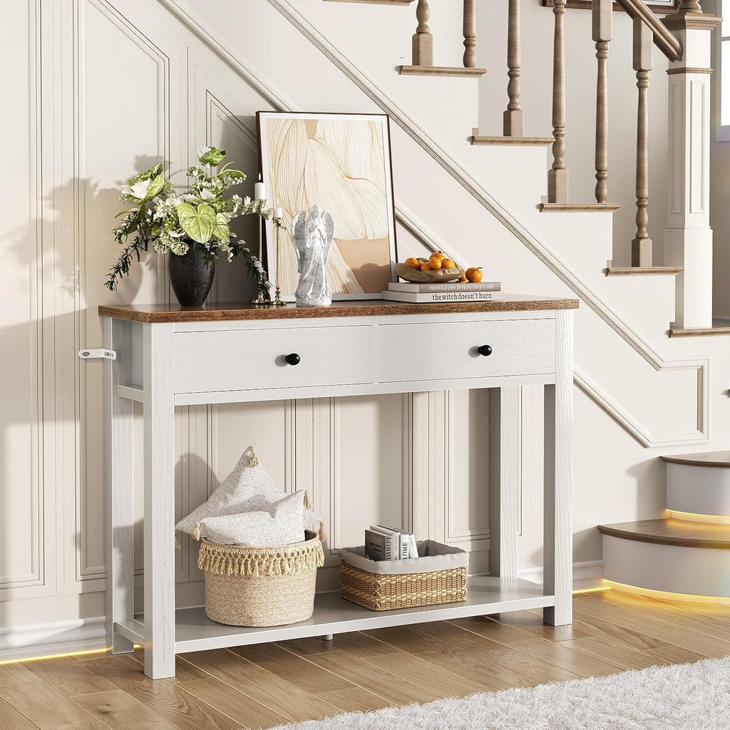 Homieasy Farmhouse Console Table with 2 Drawers, 32 Inch Small Sofa Table with Storage Shelf for Living Room, Behind Couch, Entryway Table for Hallway, Living Room, or Foyer, Brown and Antique White