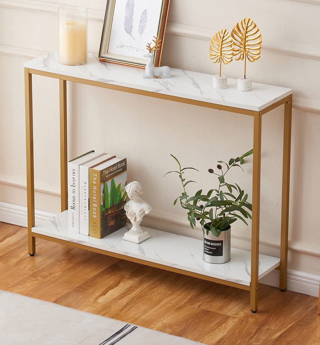 loglus Console Table for Entryway, Faux Marble MDF Indoors Sofa Table with Golden Frame for Small Rooms, Double Layer, White Marble, 9.45" D x 38.19" W x 29.72" H