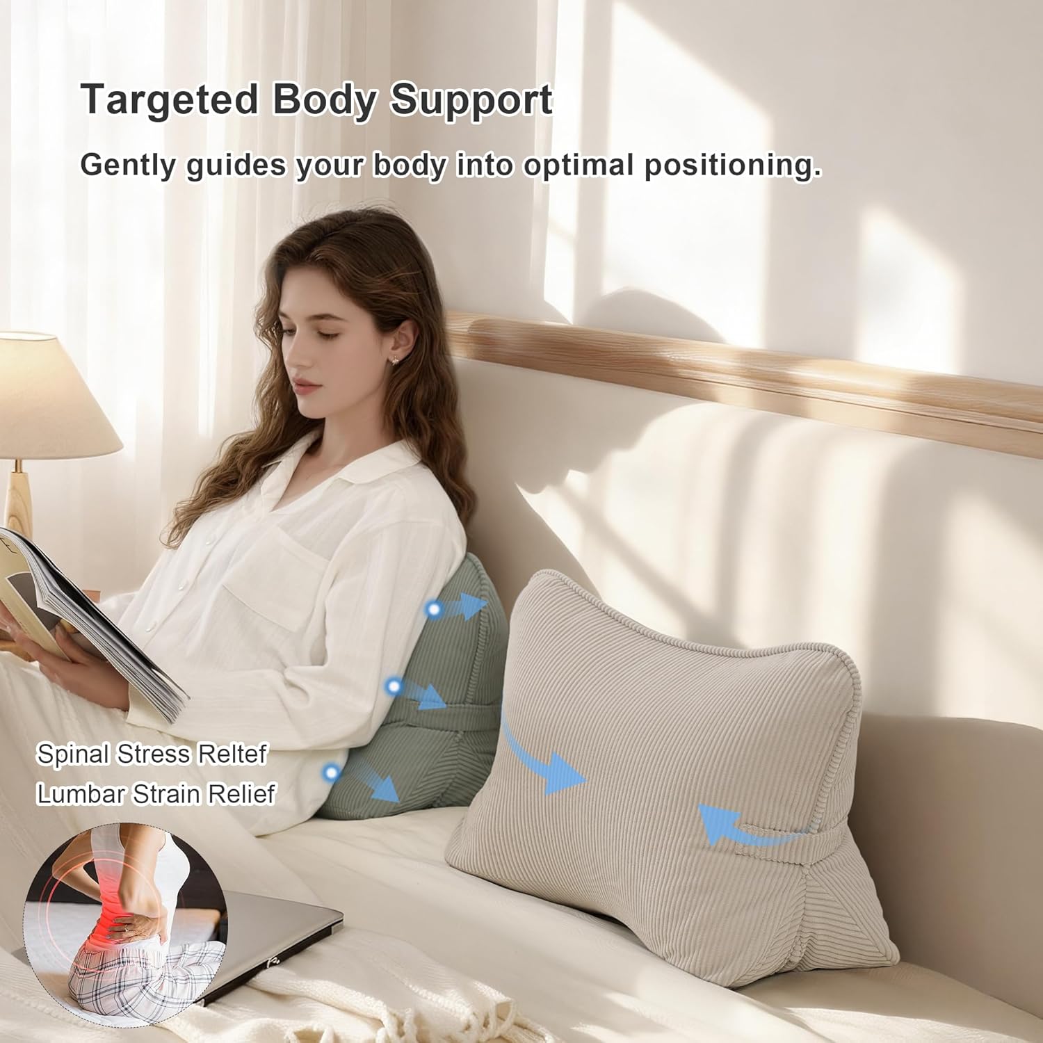 Pat. Pend. Corduroy Lumbar Support Back Pillow for Watching TV, Reading & Gaming, Ergonomic Triangle Support Cushion for Sofa, Armchair & Bed Sitting, Removable Washable Cover, Beige Gray