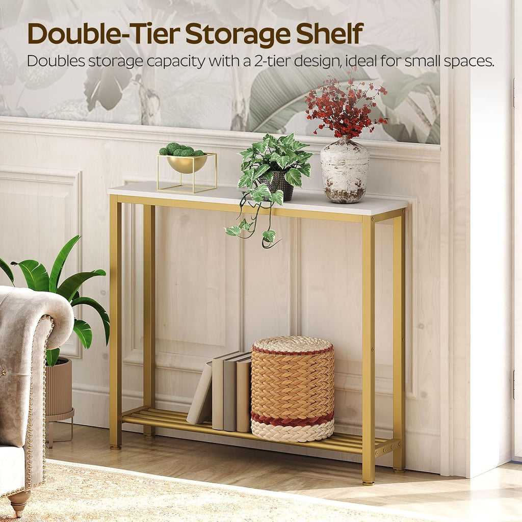 YATINEY Narrow Console Table, 2-Tier Small Sofa Table, 29.5" Thin Entryway Behind Couch Table with Shelves, Industrial Hallway Table, for Living Room, Foyer, White and Gold CT03DW