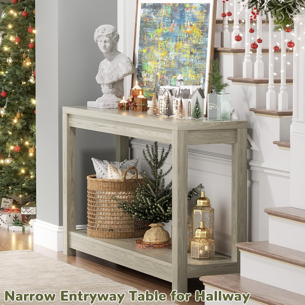 32" Washed Oak Farmhouse Narrow Console Table with Open Storage for Entryway Behind Sofa, Easy Assembly