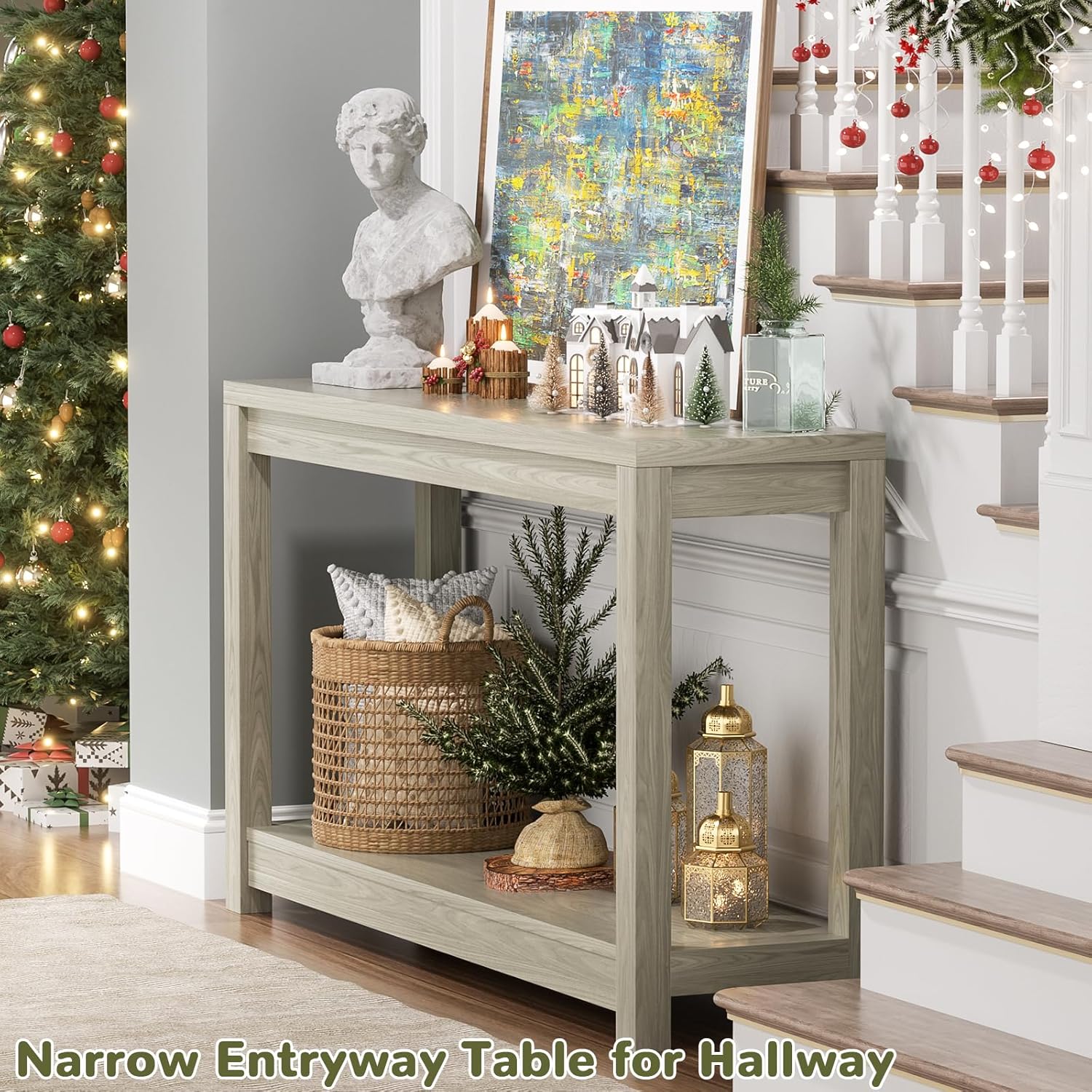 32" Washed Oak Farmhouse Narrow Console Table with Open Storage for Entryway Behind Sofa, Easy Assembly