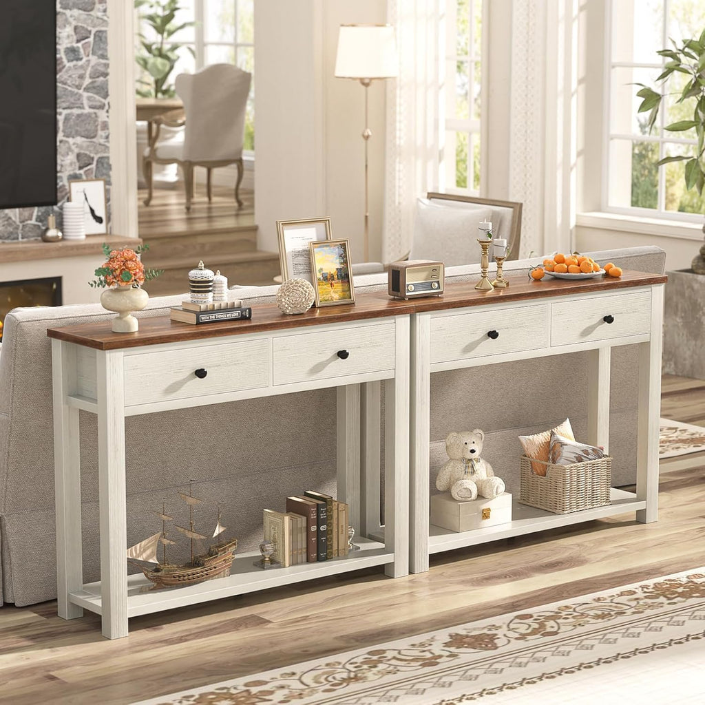 Homieasy Farmhouse Console Table with 2 Drawers, 32 Inch Small Sofa Table with Storage Shelf for Living Room, Behind Couch, Entryway Table for Hallway, Living Room, or Foyer, Brown and Antique White