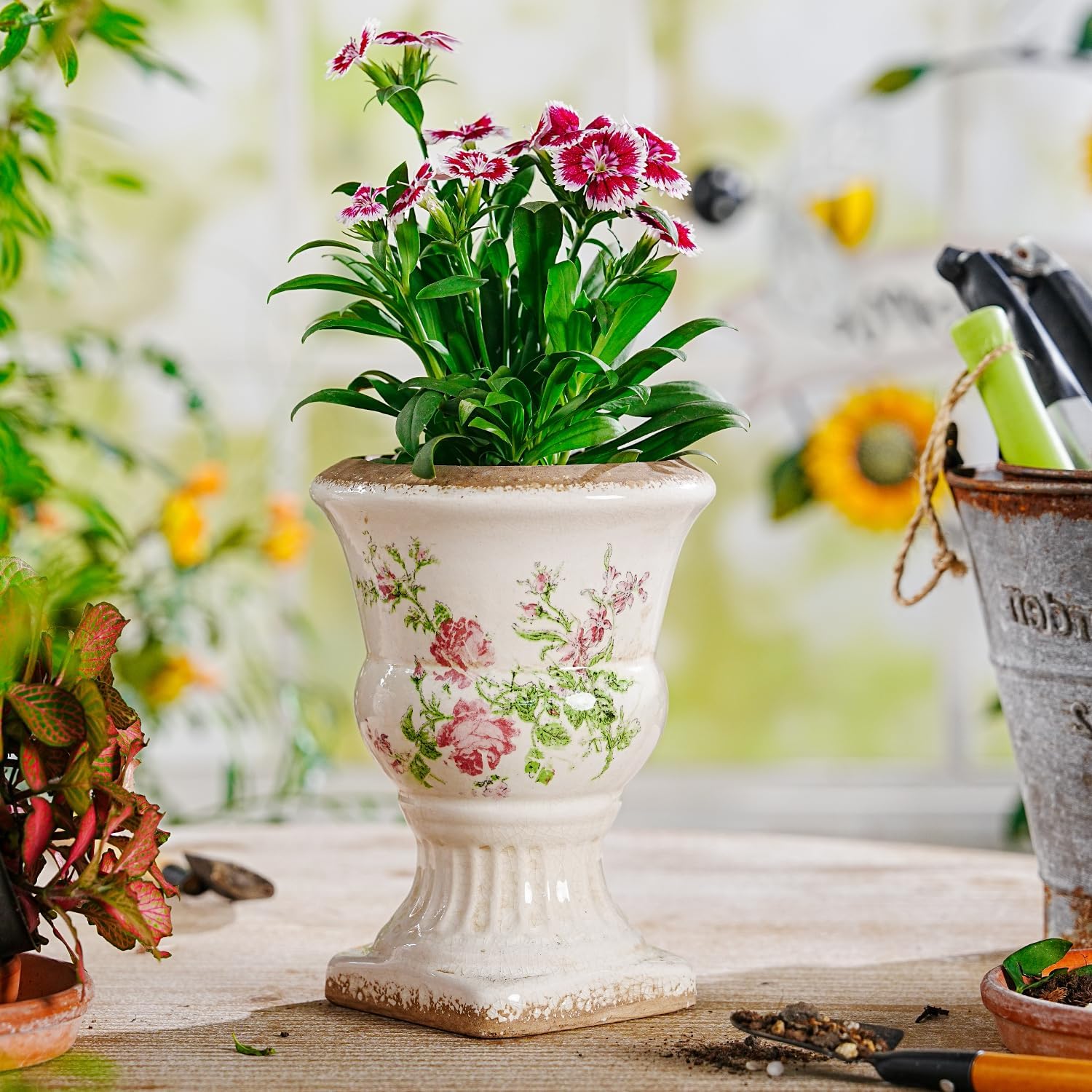 Sungmor Small Ceramic Urn Planter - Pink Scroll Floral Pedestal Flower Pot, Decorative Vintage Chinoiserie Style Planters, Tuscan Accent Vase Indoor Outdoor Plant Holder with Drainage