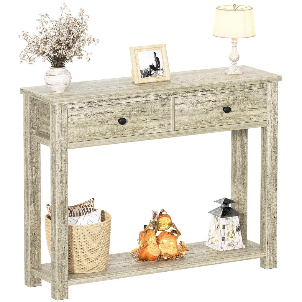 Homieasy Farmhouse Console Table with 2 Drawers, 32 Inch Small Sofa Table with Storage Shelf for Living Room, Behind Couch, Entryway Table for Hallway, Living Room, or Foyer, Brown and Antique White