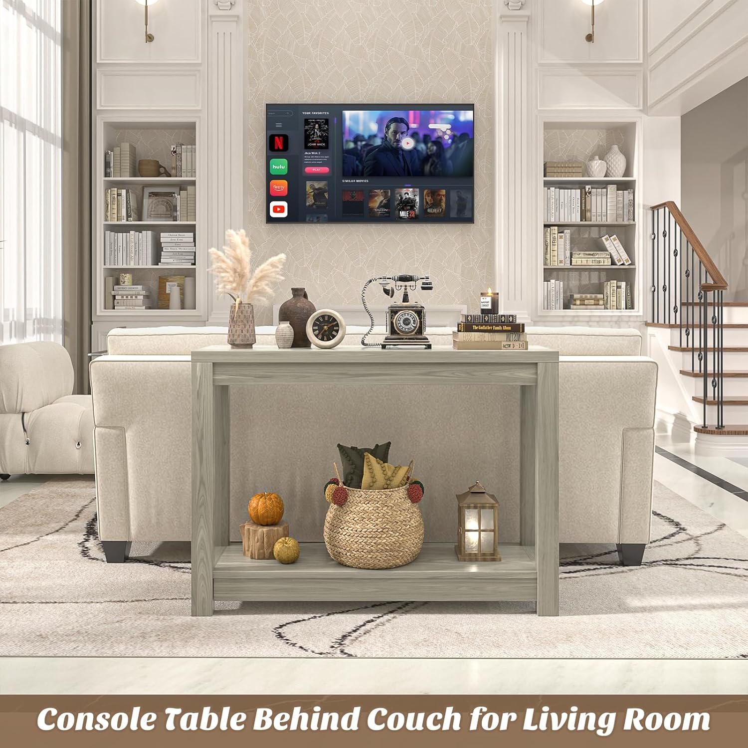 32" Washed Oak Farmhouse Narrow Console Table with Open Storage for Entryway Behind Sofa, Easy Assembly