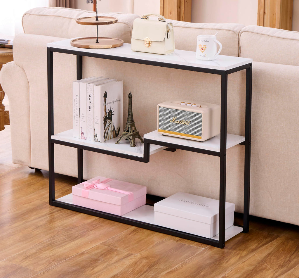 loglus Console Table for Entryway, Faux Marble MDF Indoors Sofa Table with Golden Frame for Small Rooms, Double Layer, White Marble, 9.45" D x 38.19" W x 29.72" H