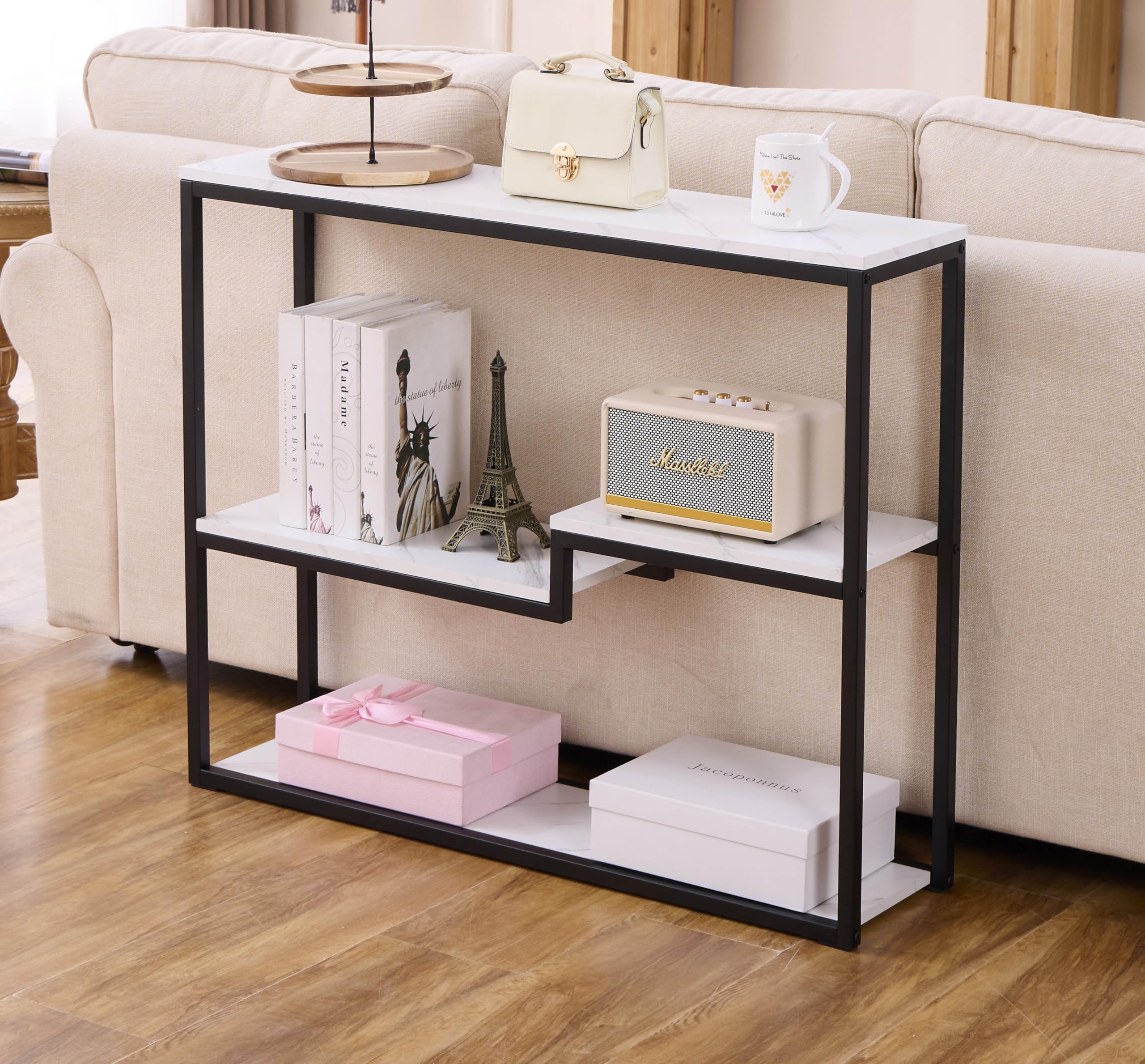 loglus Console Table for Entryway, Faux Marble MDF Indoors Sofa Table with Golden Frame for Small Rooms, Double Layer, White Marble, 9.45" D x 38.19" W x 29.72" H