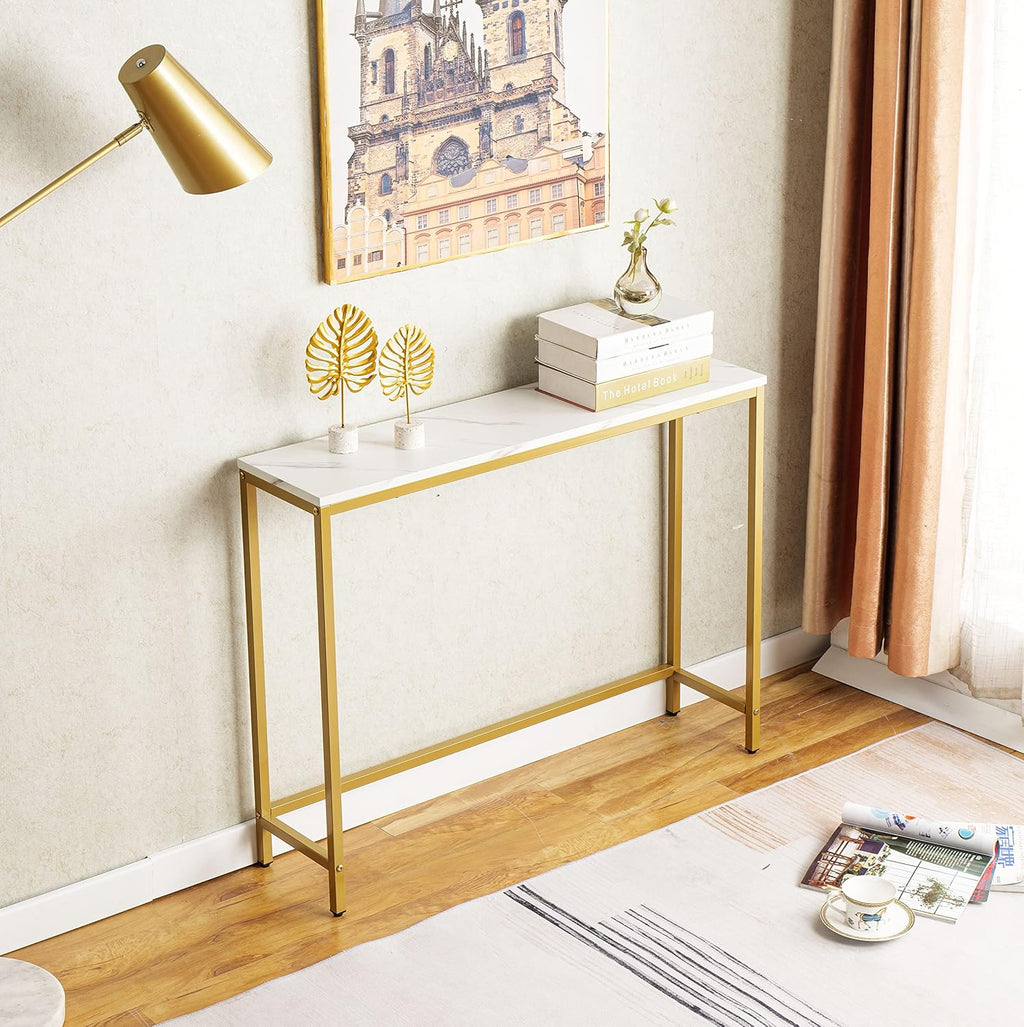 loglus Small Console Table for Entryway, Faux Marble MDF Sofa Table with Golden Frame, Single Layer, White Marble, 9.45" D x 38.19" W x 30" H