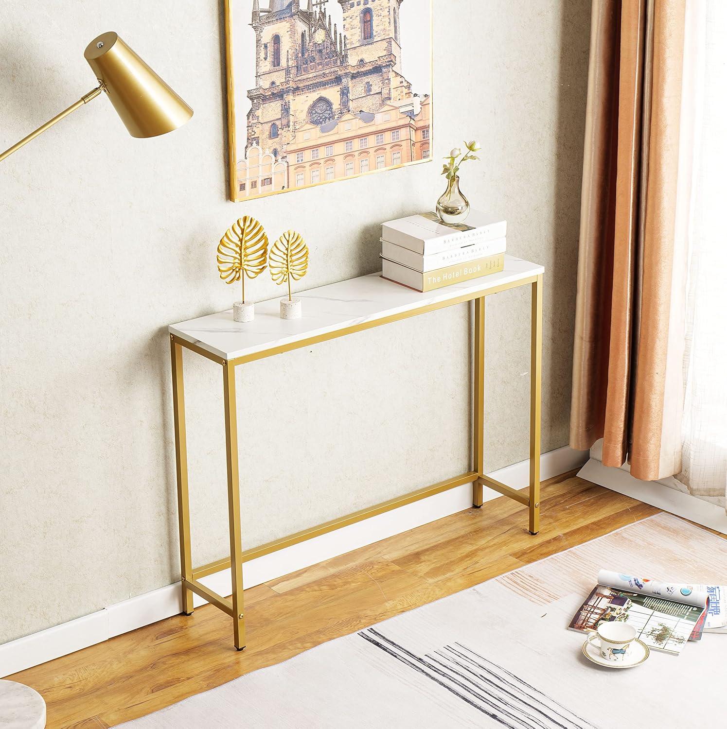 loglus Small Console Table for Entryway, Faux Marble MDF Sofa Table with Golden Frame, Single Layer, White Marble, 9.45" D x 38.19" W x 30" H