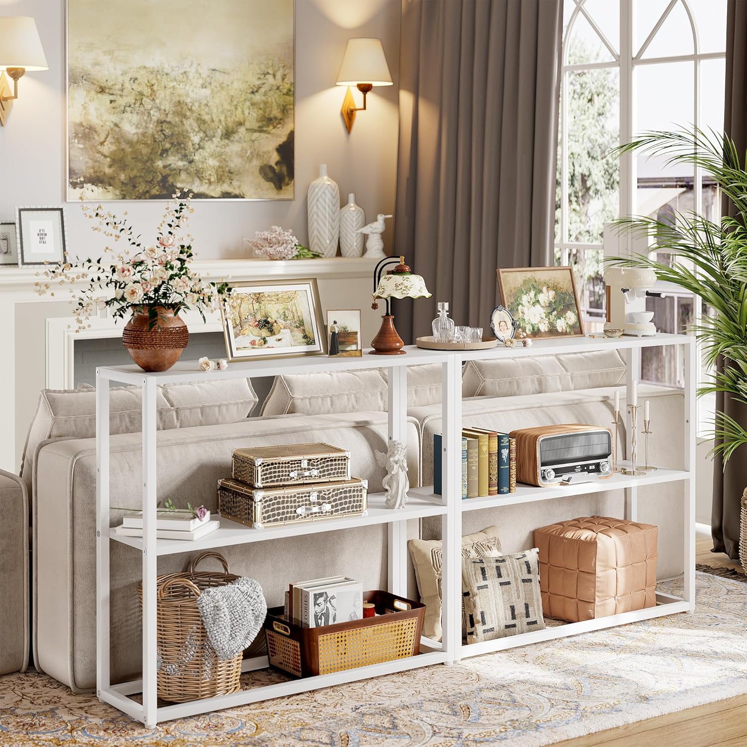 TIQLAB 29.5" Narrow Console Table with Shelves, White