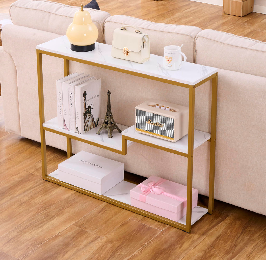 loglus Console Table for Entryway, Faux Marble MDF Indoors Sofa Table with Golden Frame for Small Rooms, Double Layer, White Marble, 9.45" D x 38.19" W x 29.72" H