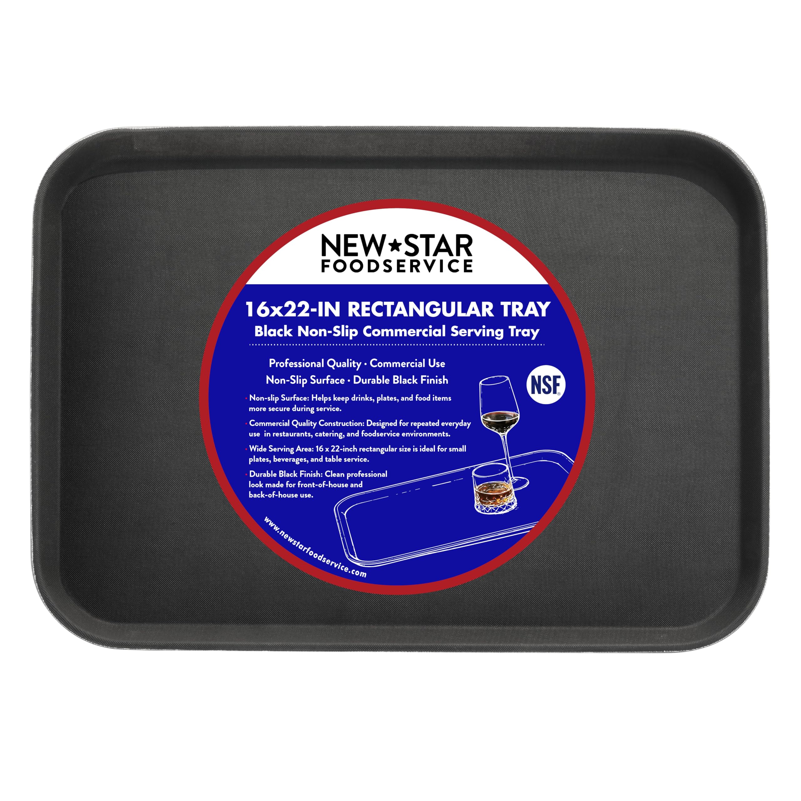 New Star Foodservice Restaurant Grade Non-Slip Tray, Plastic, Rubber Lined, Rectangular, 10-Inch x 14-Inch, Black