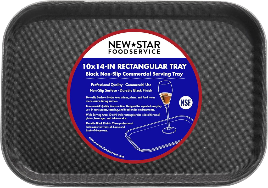 New Star Foodservice Restaurant Grade Non-Slip Tray, Plastic, Rubber Lined, Rectangular, 10-Inch x 14-Inch, Black