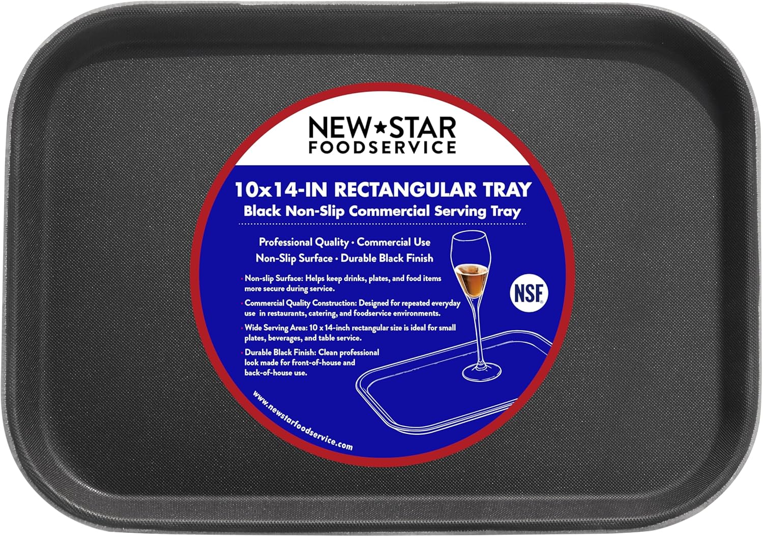 New Star Foodservice Restaurant Grade Non-Slip Tray, Plastic, Rubber Lined, Rectangular, 10-Inch x 14-Inch, Black