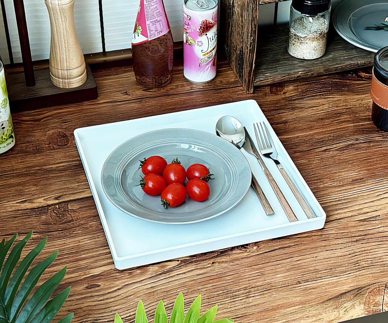 Square Tray for Organization, 11 Inch Plastic Serving Tray, Multi-Purpose Decorative Tray for Bathroom Countertop, Dresser, Ottoman & Coffee Table, Vanity Tray for Jewelry & Makeup, White
